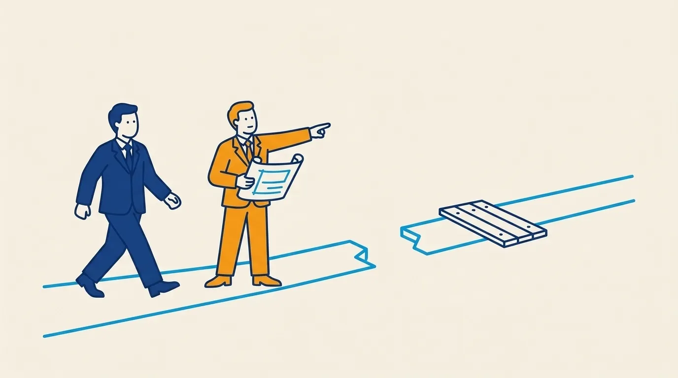 Illustration of a business figure walking a path toward a break in it, with a second figure in orange holding a plan and pointing ahead to a plank bridging the gap
