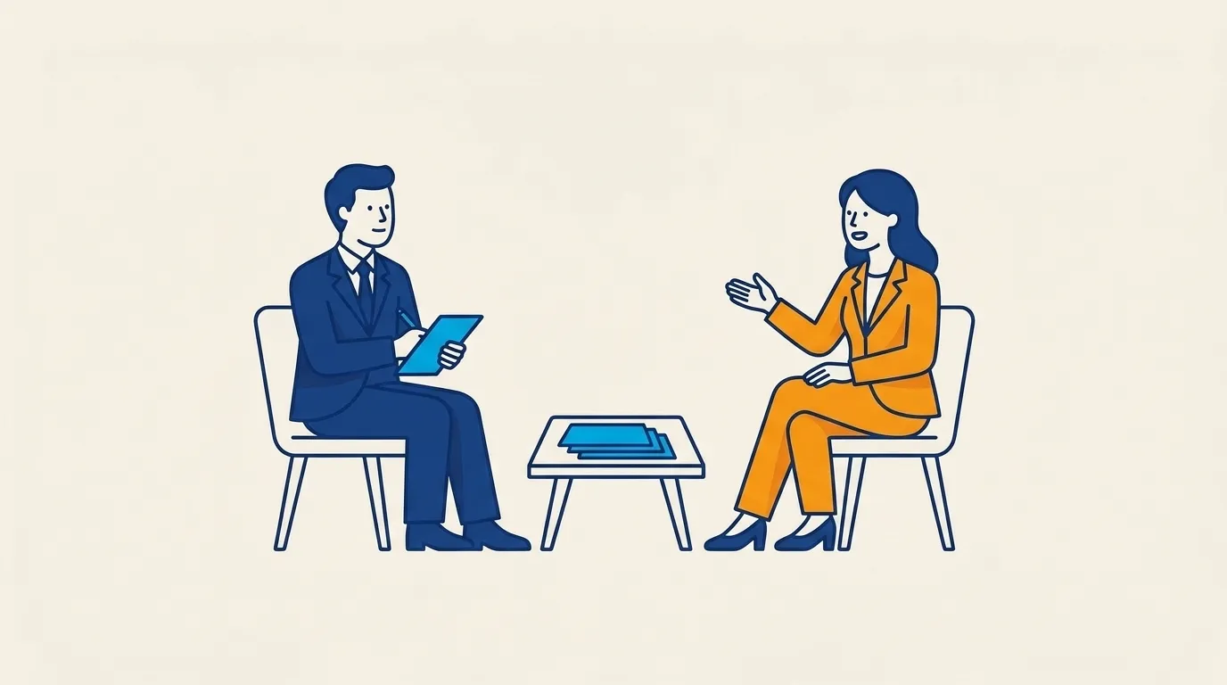 Illustration of two people seated across a low table, one speaking and gesturing, the other listening with a notepad